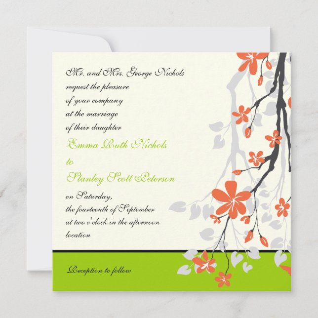 Flowers orange lime green wedding invitation (Front)