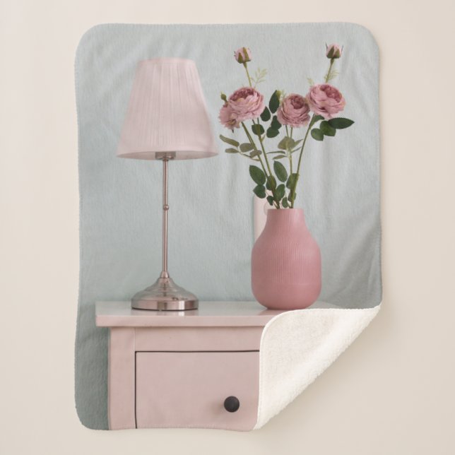 Flowers | Pale Pink Roses on Nightstand Sherpa Blanket (Front)