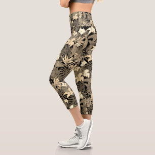 Flowers & Palm Leaves in Beige Shades Capri Leggings