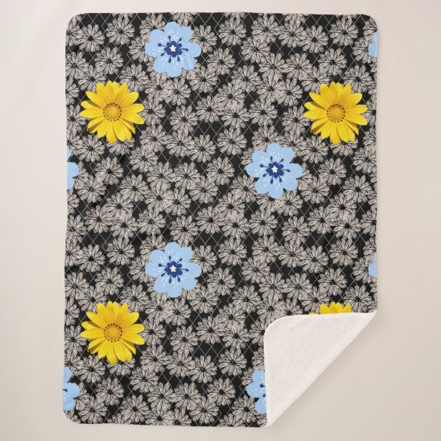 Flowers pattern 19.b. Black BG Sherpa Blanket (Front)