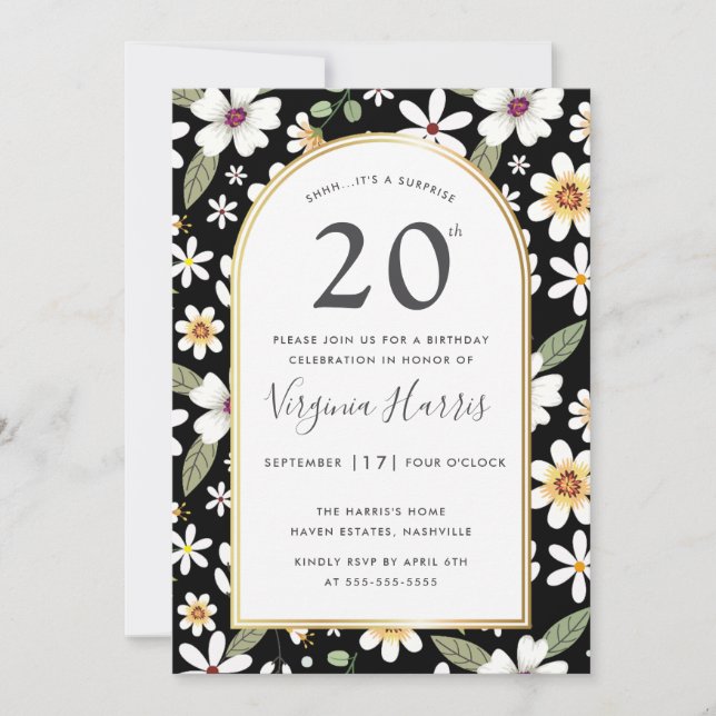 Flowers Pattern Black Twenty 20th Birthday Invitation (Front)