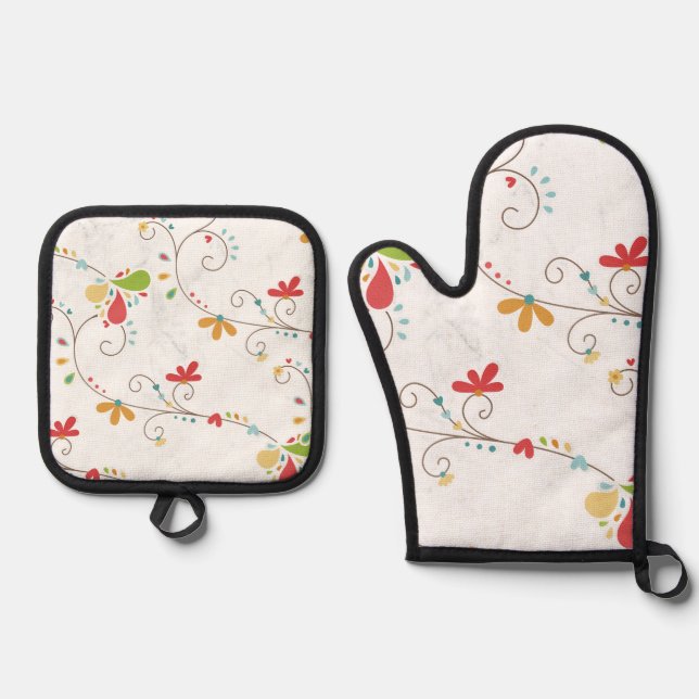 Flowers Pattern Custom Background  Oven Mitt & Pot Holder Set (Front)
