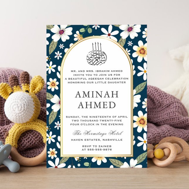 Flowers Pattern Navy Islamic Aqiqa Aqeeqa Baby Invitation (Creator Uploaded)