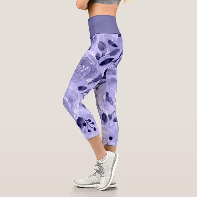 Flowers Pattern Purple Lavender Watercolor Roses Capri Leggings (Left)