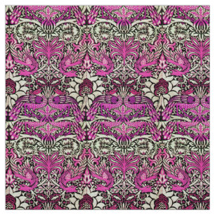 FLOWERS,PEACOCKS AND DRAGONS ,Pink BLack White Fabric