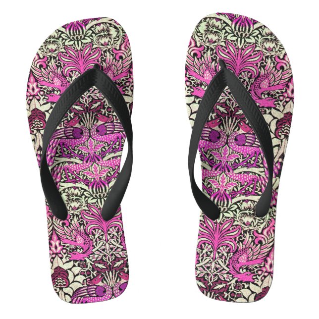 FLOWERS,PEACOCKS AND DRAGONS ,Pink BLack White Jandals (Footbed)