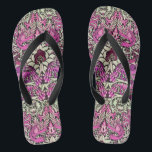 FLOWERS,PEACOCKS AND DRAGONS ,Pink BLack White Jandals<br><div class="desc">Colourful, elegant and classic floral design with swirls,  peacock, bird and dragon figures in pink, black white fuchsia violet purple colours re elaborated from vintage textile fabric</div>