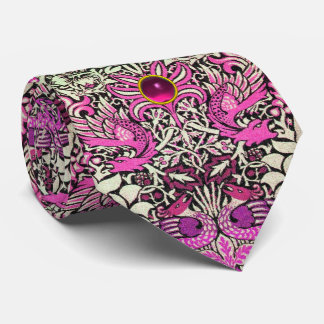 FLOWERS,PEACOCKS AND DRAGONS PINK GEM STONE TIE