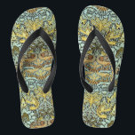FLOWERS,PEACOCKS AND DRAGONS ,Yellow Black White Jandals<br><div class="desc">Colourful, elegant and classic floral design with swirls,  peacock, bird and dragon figures in yellow, black white grey colours re elaborated from vintage textile fabric.</div>
