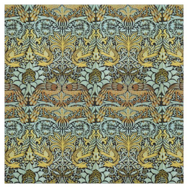 FLOWERS,PEACOCKS AND DRAGONS ,Yellow Brown Grey Fabric (Swatch)