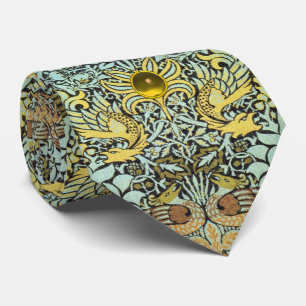 FLOWERS,PEACOCKS AND DRAGONS YELLOW GEM STONE TIE