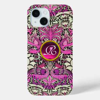 FLOWERS,PEACOCKS, DRAGONS, PINK GEM STONE MONOGRAM iPhone 15 CASE