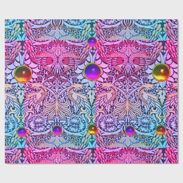 FLOWERS,PEACOCKS,DRAGONS,PINK PURPLE YELLOW GEMS WRAPPING PAPER (Flat)