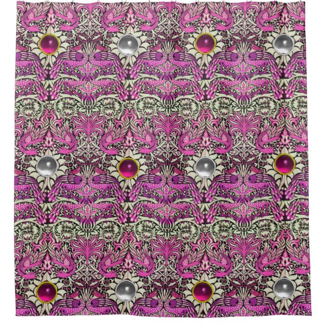FLOWERS,PEACOCKS, DRAGONS,PINK WHITE GEM STONES SHOWER CURTAIN (Front)