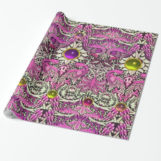 FLOWERS,PEACOCKS,DRAGONS, PINK YELLOW GEM STONES WRAPPING PAPER (Unrolled)