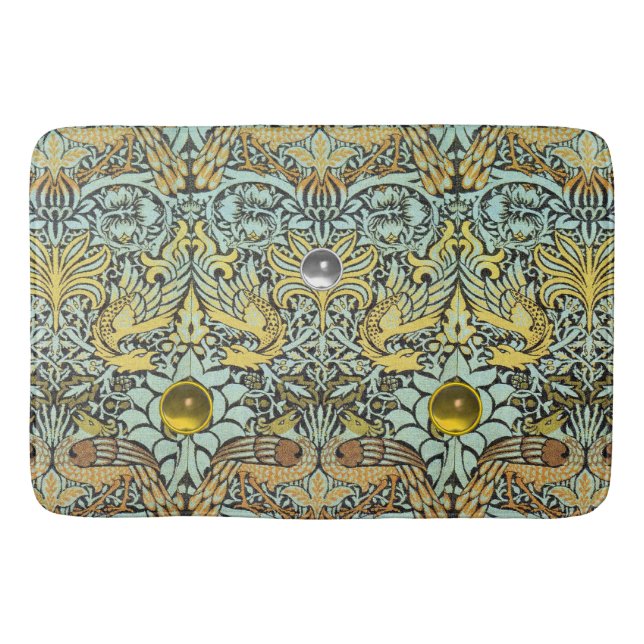 FLOWERS,PEACOCKS,DRAGONS,WHITE YELLOW GEM STONES BATH MAT (Front)