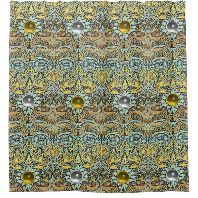 FLOWERS,PEACOCKS, DRAGONS,YELLOW WHITE GEM STONES SHOWER CURTAIN (Front)