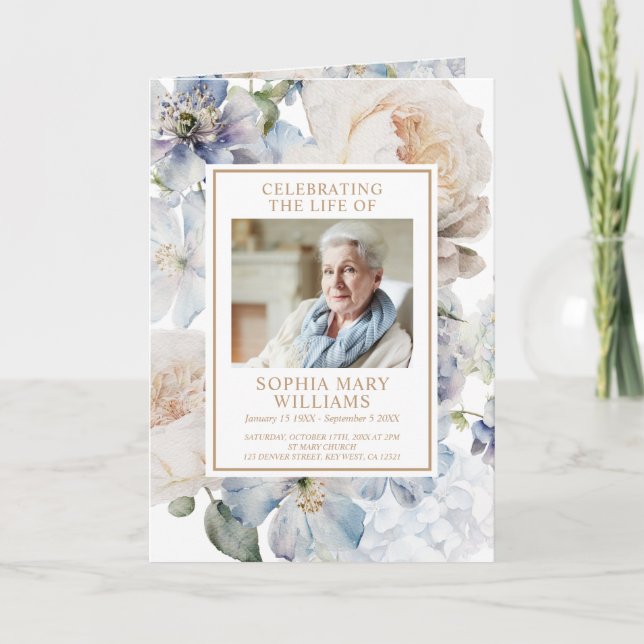 Flowers Photo Memorial Funeral Programs Card (Front)