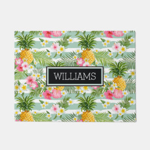 Flowers & Pineapple Teal Stripes Add Your Name Doormat
