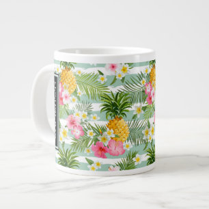 Flowers & Pineapple Teal Stripes Add Your Name Large Coffee Mug