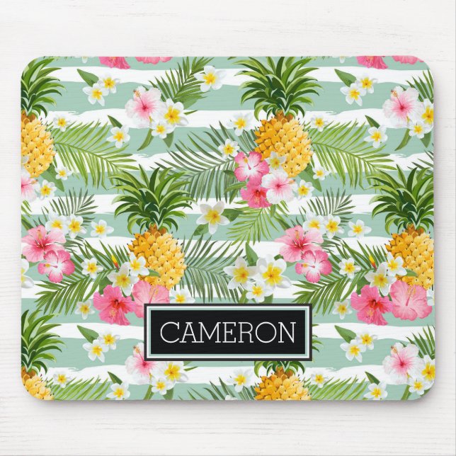 Flowers & Pineapple Teal Stripes | Add Your Name Mouse Pad (Front)