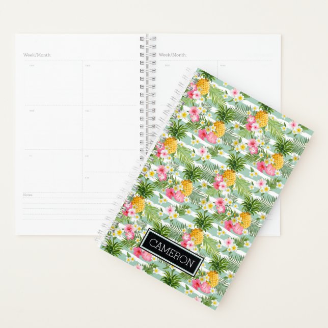 Flowers & Pineapple Teal Stripes | Add Your Name Planner (Display)