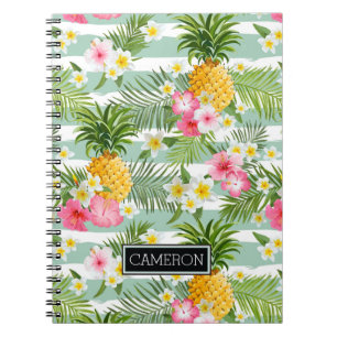 Flowers & Pineapple Teal Stripes   Add Your Name Spiral Notebook