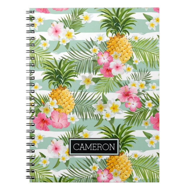 Flowers & Pineapple Teal Stripes | Add Your Name Spiral Notebook (Front)