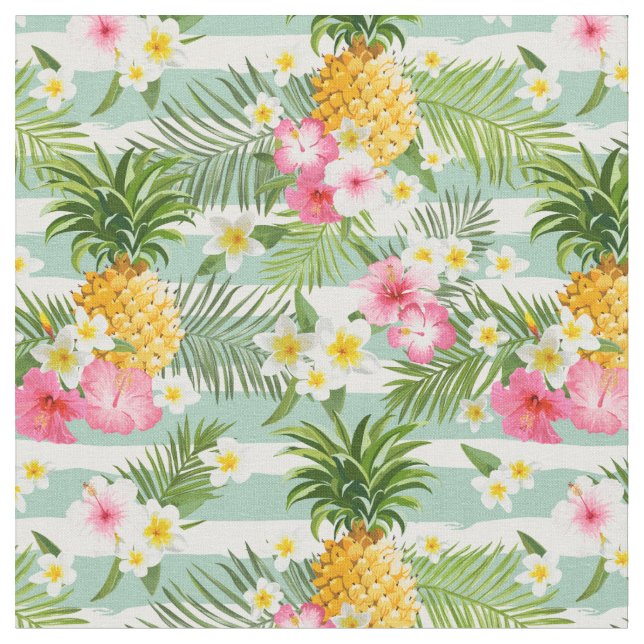 Flowers & Pineapple Teal Stripes Fabric (Close Up)