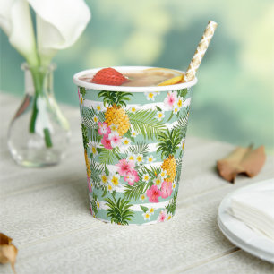 Flowers & Pineapple Teal Stripes Paper Cups
