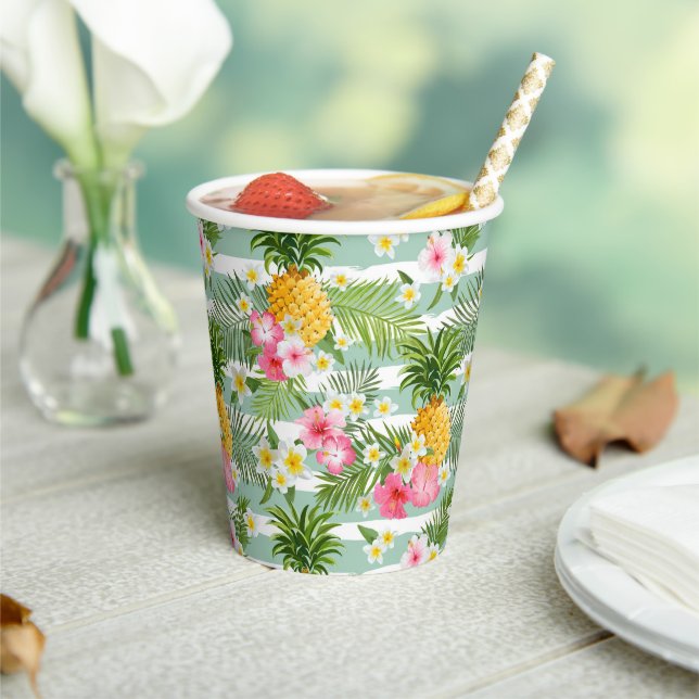 Flowers & Pineapple Teal Stripes Paper Cups (Insitu)