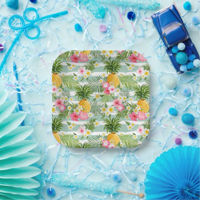 Flowers & Pineapple Teal Stripes Paper Plate (Party)