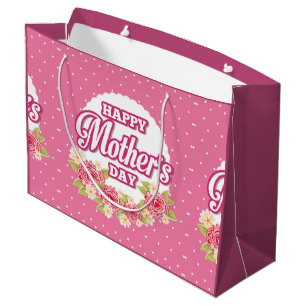Flowers Pink and White Polka Dot Happy Mothers Day Large Gift Bag