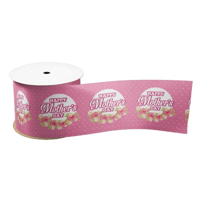 Flowers Pink and White Polka Dot Happy Mothers Day Satin Ribbon (Spool)