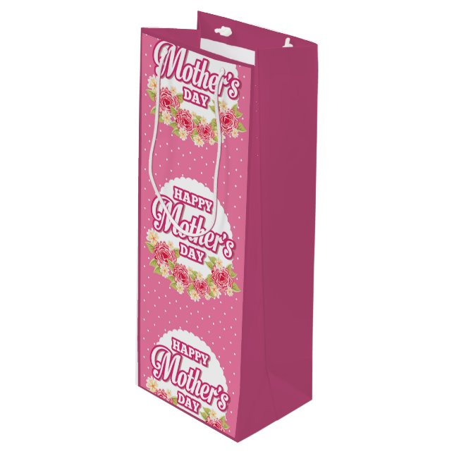 Flowers Pink and White Polka Dot Happy Mothers Day Wine Gift Bag (Front Angled)