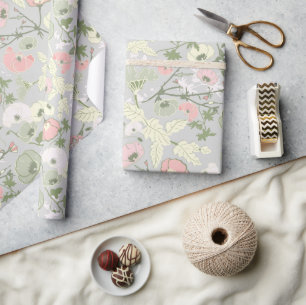 Flowers Pink Green Botanical Pattern Wrapping Paper
