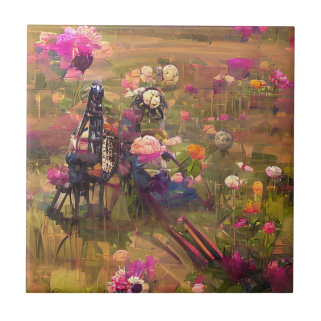 Flowers pink in a green field digital art  tile (Front)