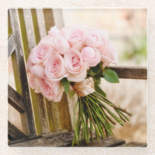Flowers Pink Rose Bouquet Glass Coaster