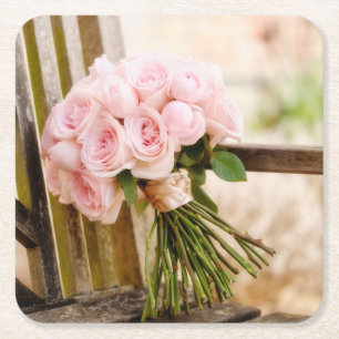Flowers Pink Rose Bouquet Square Paper Coaster