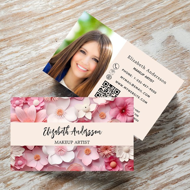 Flowers pink white photo QR logo Business Card (Creator Uploaded)