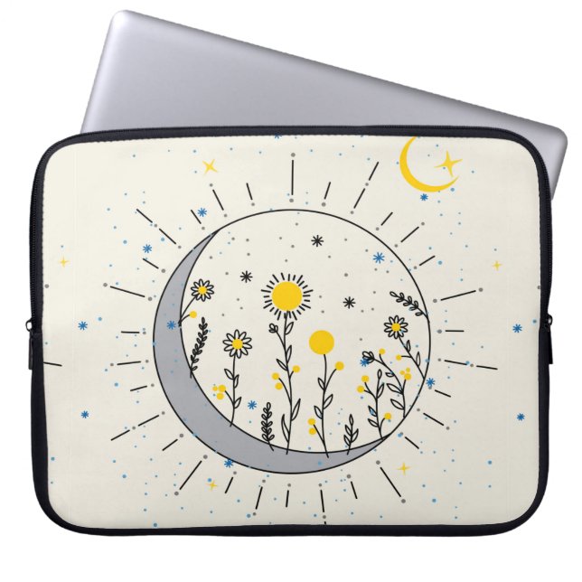 Flowers planet the sun and the moon graphic art laptop sleeve (Front)