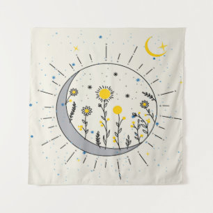 Flowers planet the sun and the moon graphic art tapestry