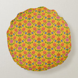 Flowers, Polka Dots on Yellow Round Throw Pillow