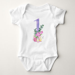 Flowers purple number first birthday party baby bodysuit