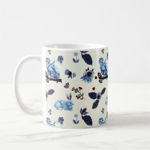 Flowers Rabbit Monkey Blue White Vintage Coffee Mug