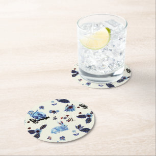 Flowers Rabbit Monkey Blue White Vintage Round Paper Coaster