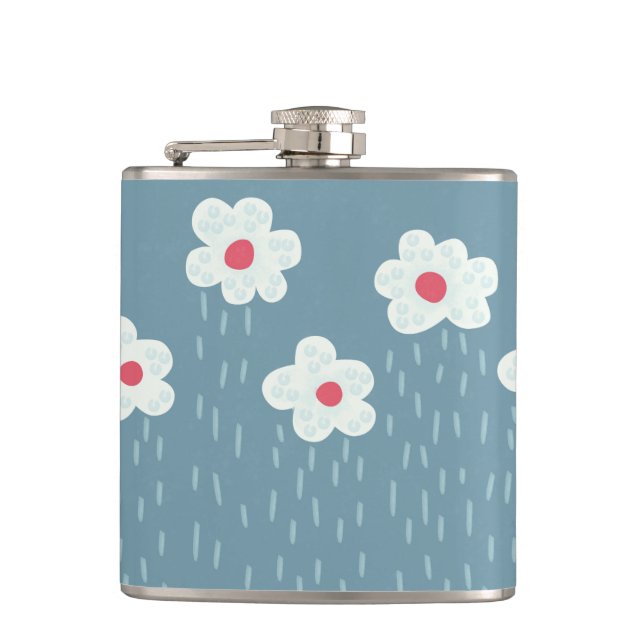 Flowers Raining Springtime Blue Gloomy Fun Hip Flask (Front)