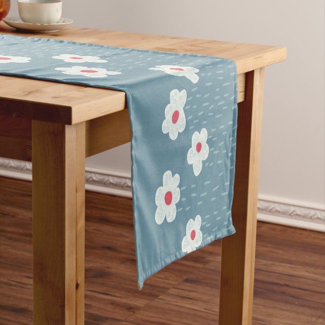 Flowers Raining Springtime Blue Gloomy Fun Short Table Runner (In Situ)