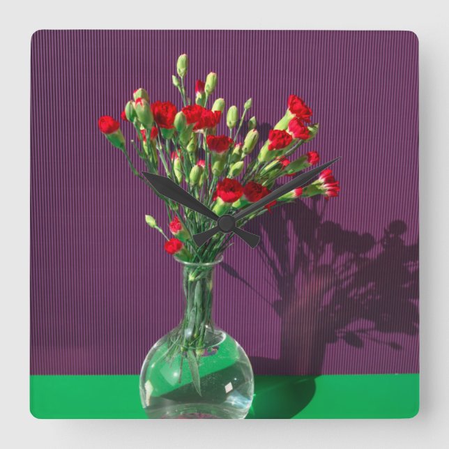 Flowers | Red Carantion Bouquet Square Wall Clock (Front)