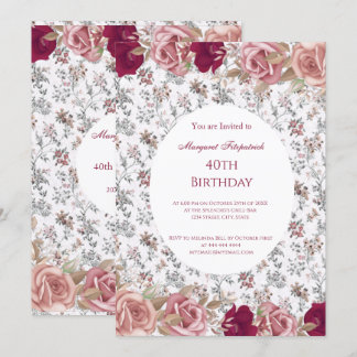 Flowers Red Pink Roses White Birthday Party Invitation